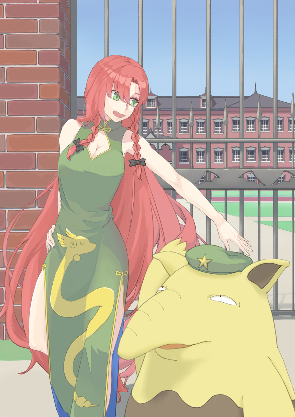 1girl, :d, absurdly_long_hair, adapted_costume, bare_arms, bare_shoulders, beret, black_bow