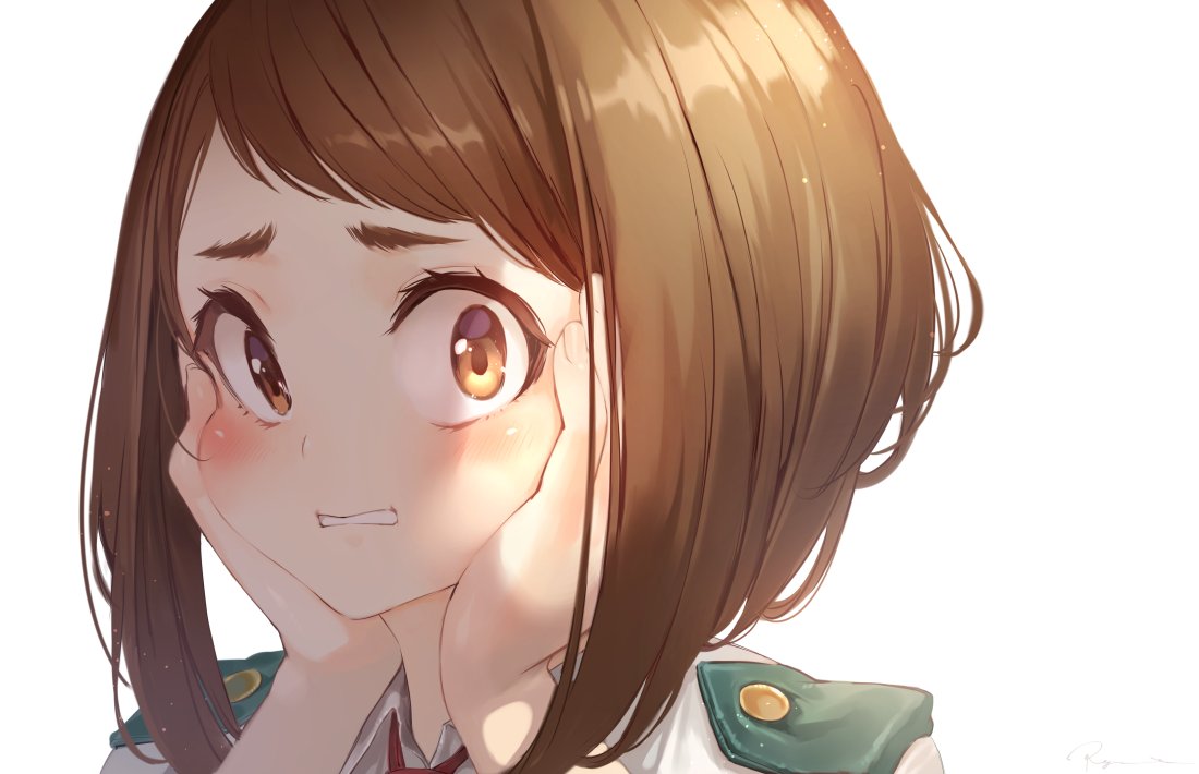 1girl, bangs, blush, boku_no_hero_academia, brown_eyes, brown_hair, cheek_squash, clenched_teeth