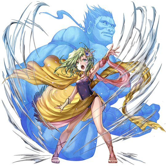 1boy, 1girl, arm_up, armpits, artist_request, bracer, cape, final_fantasy, final_fantasy_iv, fingerless_gloves, gem, gloves, green_eyes, green_hair, hair_ornament, leotard, long_hair, muscle, navy_blue_leotard, official_art, open_mouth, outstretched_arm, rydia, sandals, sarong, shouting, single_glove, source_request, titan_(final_fantasy), wind, wind_lift, yellow_cape, yellow_sarong