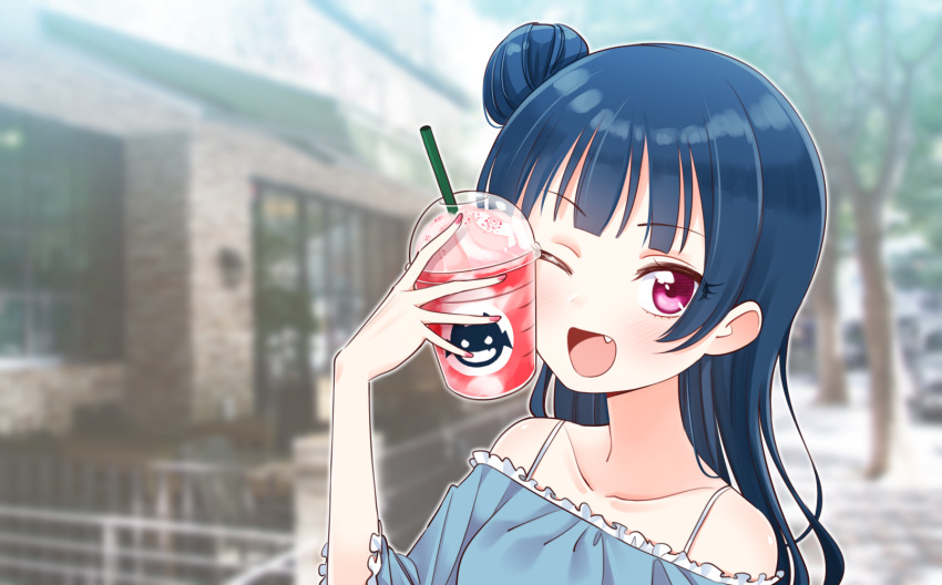 1girl, ;d, bangs, blue_hair, blue_shirt, blurry, blurry_background, collarbone, cup_to_cheek, deadnooodles, drinking_straw, eyebrows_visible_through_hair, eyes_visible_through_hair, fang, frilled_shirt, frills, highres, long_hair, looking_at_viewer, love_live!, love_live!_sunshine!!, nail_polish, one_eye_closed, open_mouth, photo_background, red_nails, shaved_ice, shirt, side_bun, smile, solo, spaghetti_strap, tree, tsushima_yoshiko, upper_body, violet_eyes