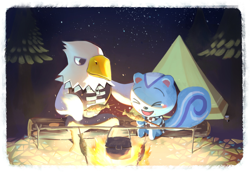 2boys, animal_ears, apollo_(doubutsu_no_mori), bird, campfire, camping, closed_eyes, crying