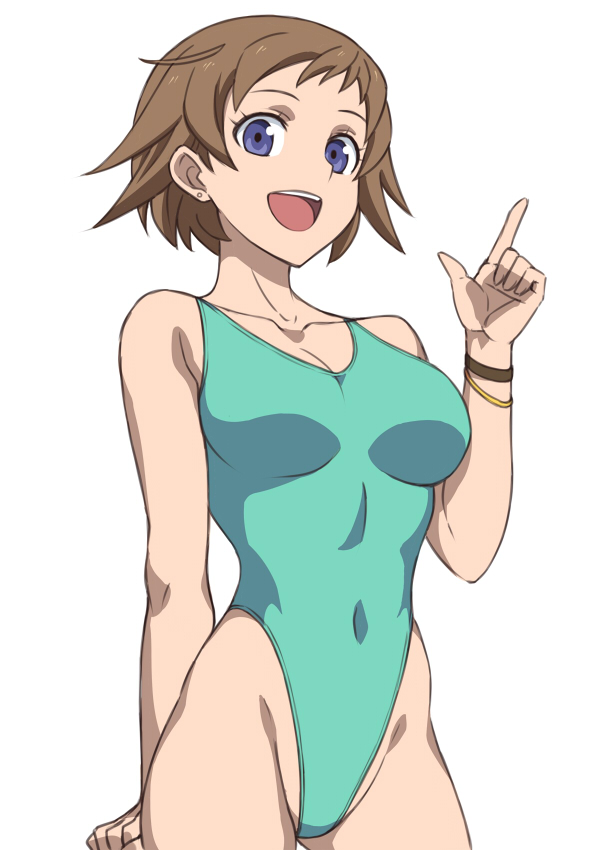 1girl, aqua_swimsuit, blue_eyes, bracelet, breasts, brown_hair, collarbone, covered_navel
