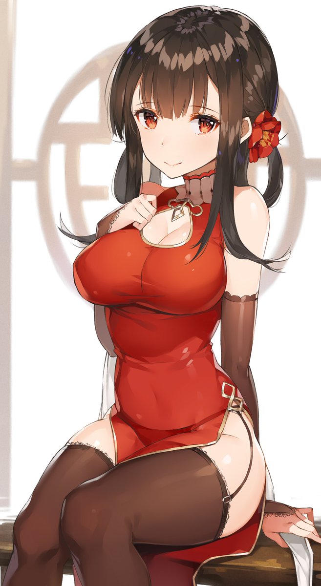 1girl, alternate_costume, arm_support, bangs, bare_shoulders, black_legwear, black_panties, blunt_bangs