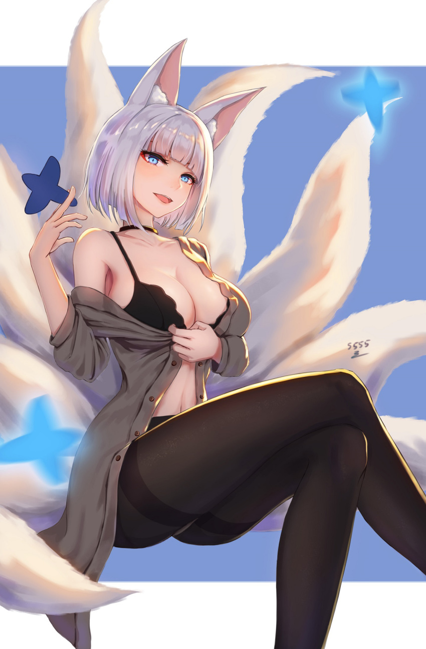 1girl, 5555_96, alternate_costume, animal_ears, armpit_peek, artist_name, ass, azur_lane, bangs, black_bra, black_legwear, blue_eyes, blue_sky, blunt_bangs, blush, bra, breasts, buttons, choker, cleavage, clouds, collarbone, eyebrows_visible_through_hair, fox_ears, fox_tail, grey_shirt, highres, holding, kaga_(azur_lane), large_breasts, legs_crossed, looking_at_viewer, multiple_tails, open_mouth, pantyhose, shirt, short_hair, sidelocks, sitting, sky, smile, solo, tail, thighs, unbuttoned, unbuttoned_shirt, underwear, white_hair