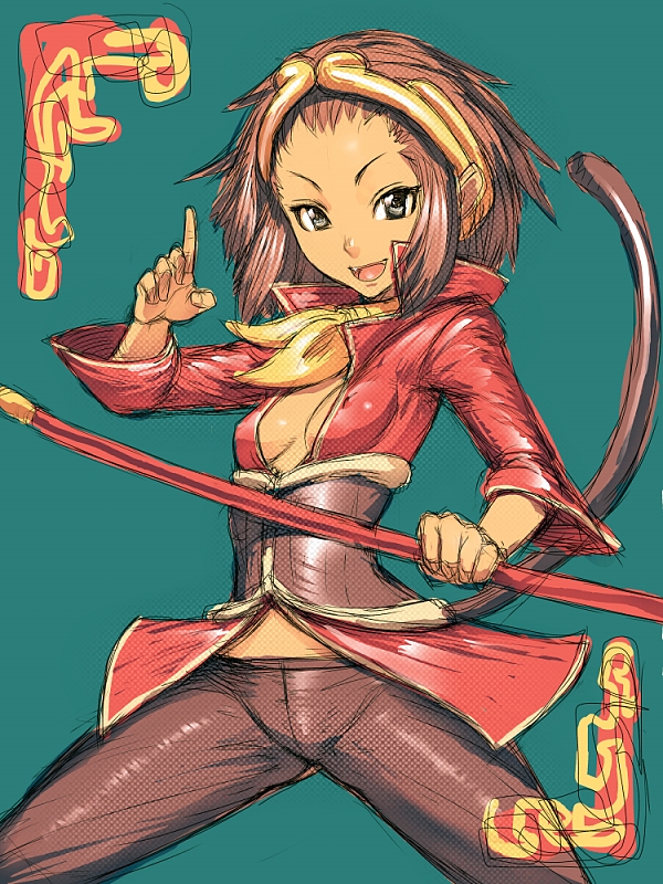 breasts, brown_hair, capcom, cleavage, dark_skin, erect_nipples, flat_chest, grey_eyes