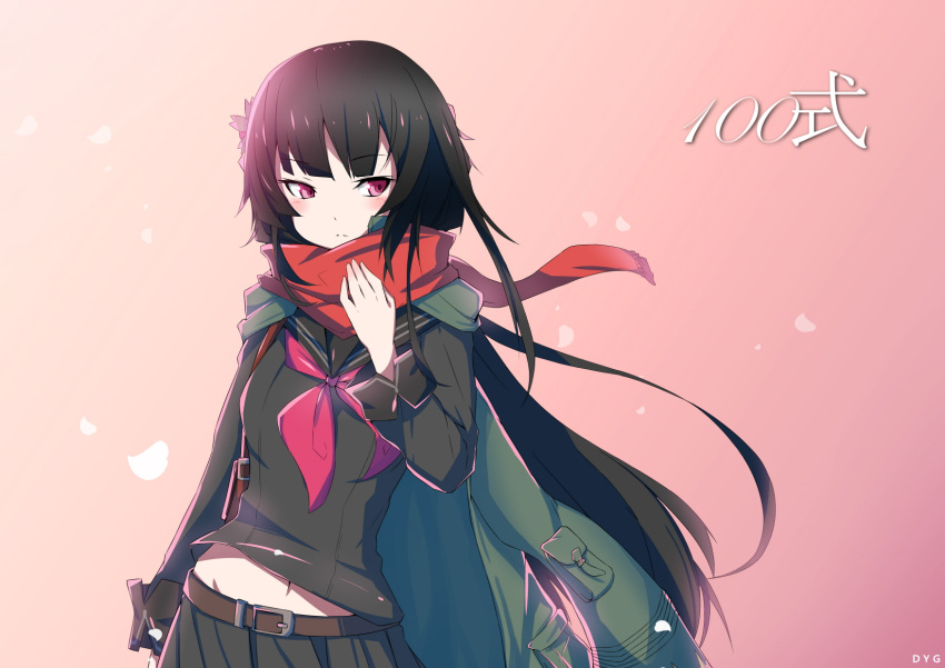 1girl, artist_name, bangs, belt, black_hair, black_legwear, blush, buckle, character_name, closed_mouth, coat, dayongqi, floating_hair, girls_frontline, green_coat, hair_ornament, hand_up, highres, jacket_on_shoulders, long_hair, long_sleeves, looking_away, midriff_peek, neckerchief, open_clothes, open_coat, petals, pink_background, pink_neckwear, pleated_skirt, red_scarf, scarf, school_uniform, serafuku, sidelocks, skirt, solo, tsurime, type_100_(girls_frontline), very_long_hair, violet_eyes, wind, wind_lift