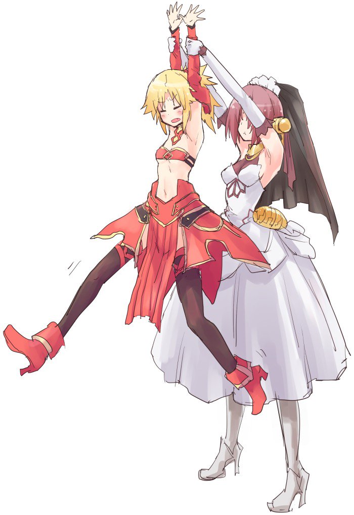 2girls, :t, bangs, blonde_hair, breasts, bridal_veil, bride, closed_eyes