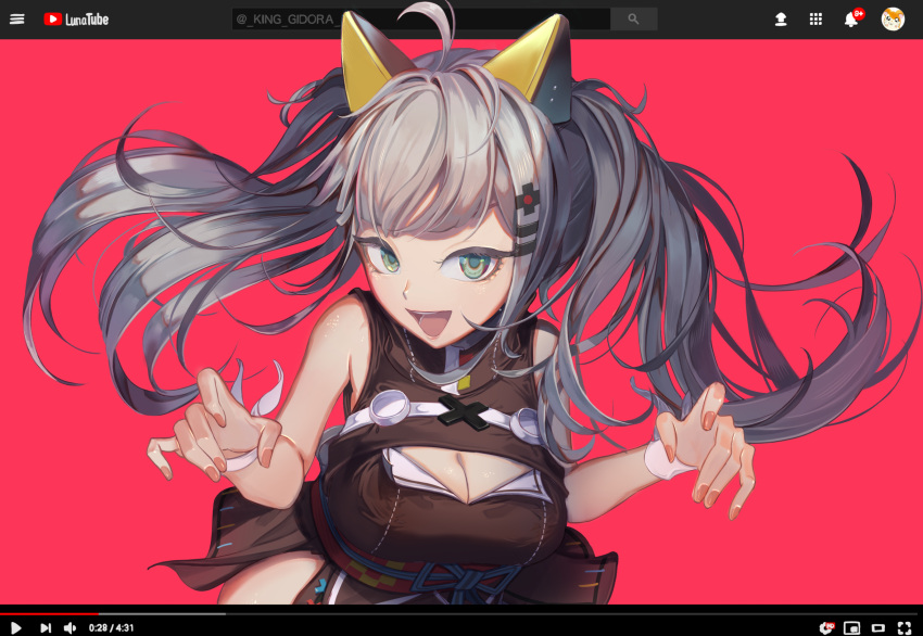 1girl, animal_ears, bangs, blunt_bangs, blurry, breasts, cat_ears, cleavage