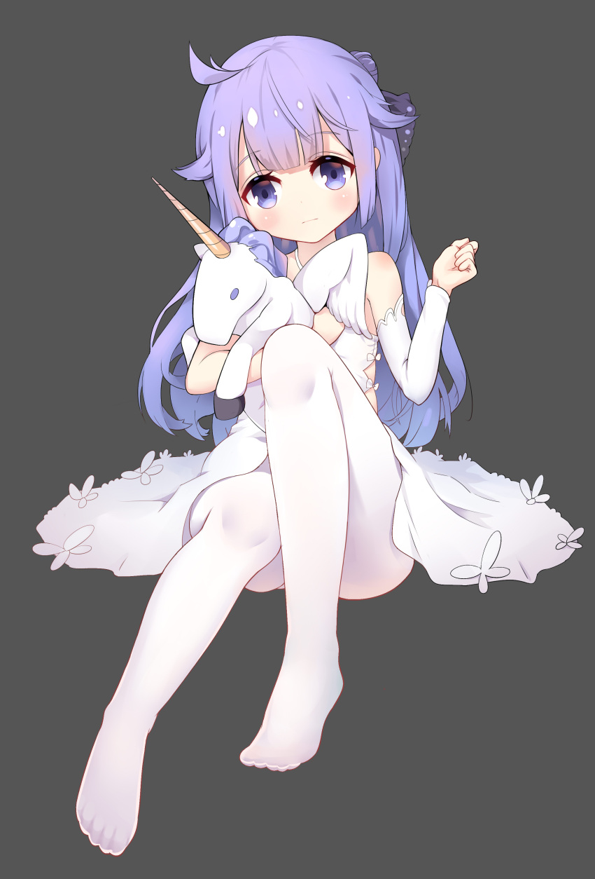 1girl, absurdres, ahoge, azur_lane, bangs, black_bow, black_ribbon, blush, bow, closed_mouth, detached_sleeves, dress, eyebrows_visible_through_hair, grey_background, hair_bun, hair_ribbon, halterneck, head_tilt, highres, little_egg, long_sleeves, looking_at_viewer, no_shoes, object_hug, one_side_up, pantyhose, purple_hair, ribbon, side_bun, simple_background, single_detached_sleeve, sitting, solo, stuffed_animal, stuffed_pegasus, stuffed_toy, stuffed_unicorn, unicorn_(azur_lane), violet_eyes, white_dress, white_legwear