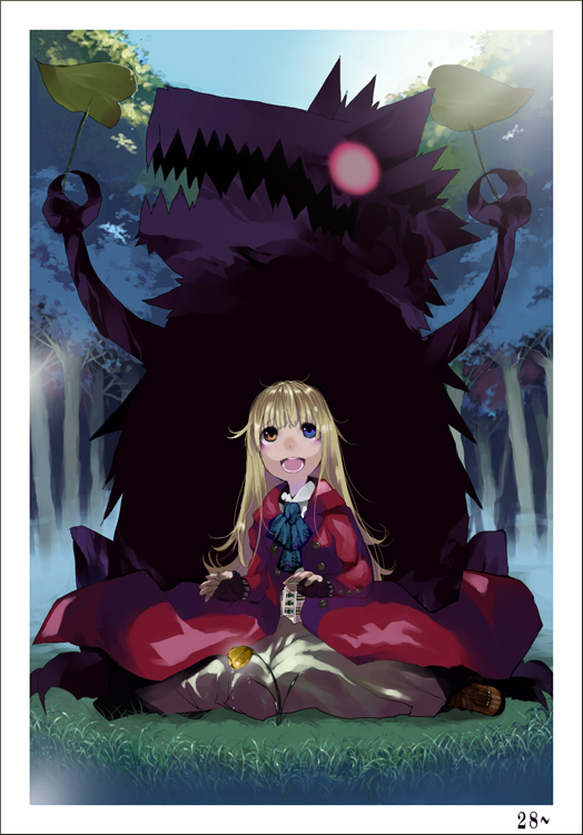 big_bad_wolf, big_bad_wolf_(grimm), blonde_hair, field, flower, glowing, glowing_eyes, grimm's_fairy_tales