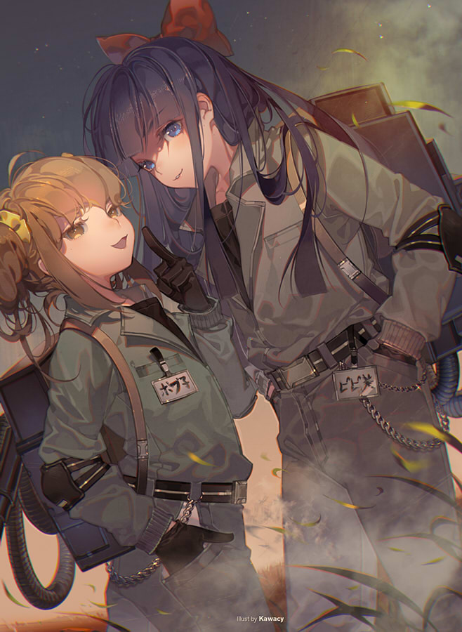 2girls, artist_name, belt, blue_eyes, blue_hair, commentary_request, cowboy_shot, elbow_pads