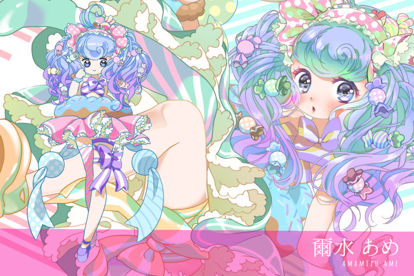 1girl, ahoge, amamizu_ame, artist_name, asymmetrical_footwear, asymmetrical_legwear, blue_eyes, blue_hair, blush, bow, candy, candy_hair_ornament, doughnut, food, food_themed_clothes, food_themed_hair_ornament, frills, hair_bow, hair_ornament, hand_up, highres, huge_ahoge, imomushi_(pixiv_9001433), long_hair, multiple_views, original, pink_skirt, polka_dot, polka_dot_bow, purple_bow, ribbon, skirt, standing, striped, striped_legwear, thigh_bow, twintails