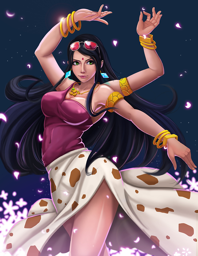 1girl, ari_rayoko, armlet, armpits, arms_up, bangs, bare_legs, bare_shoulders, black_hair, bracelet, breasts, camisole, closed_mouth, covered_navel, covered_nipples, cowboy_shot, dancing, earrings, extra_arms, eyewear_on_head, floating_hair, gem, glowing, green_eyes, hand_up, jewelry, lips, long_hair, long_skirt, looking_at_viewer, medium_breasts, multiple_arms, nico_robin, one_piece, outstretched_arm, pendant, petals, side_slit, single_strap, skirt, smile, solo, standing, sunglasses, swept_bangs