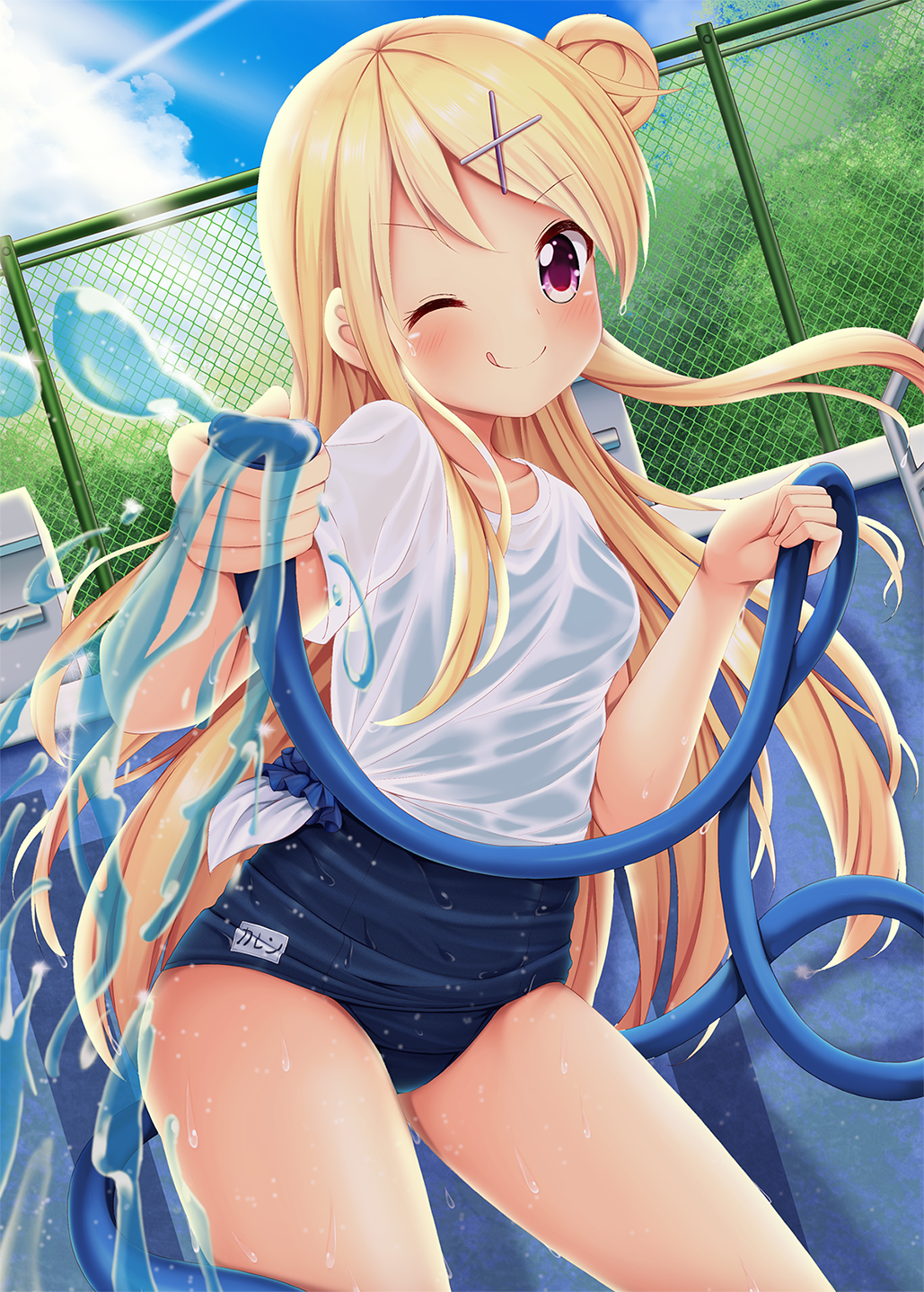 1girl, blonde_hair, blue_sky, chain-link_fence, clouds, commentary_request, condensation_trail, day