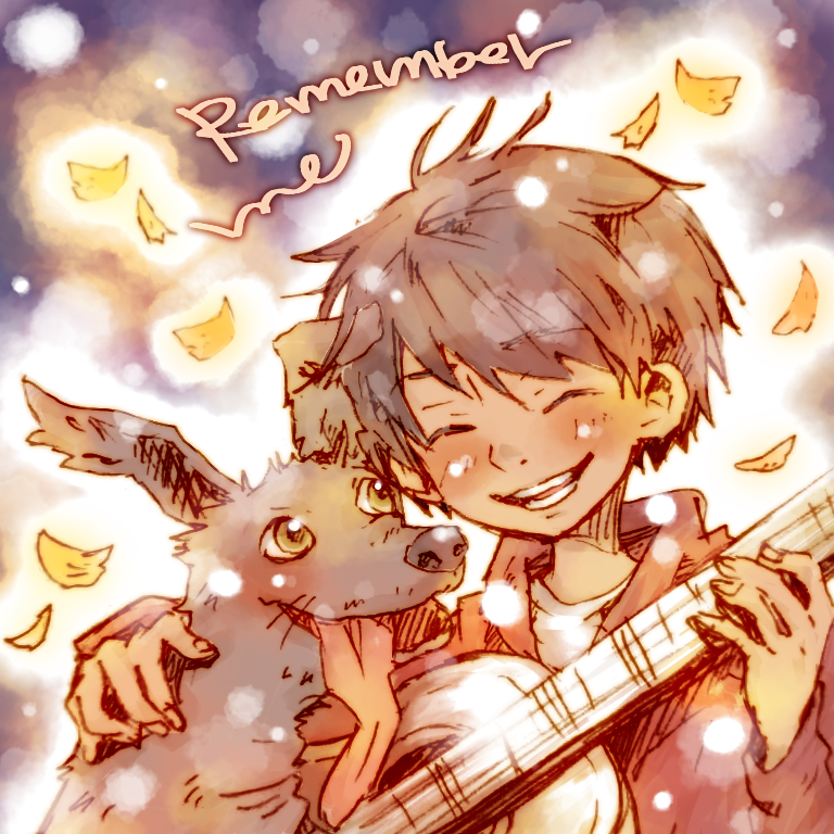 1boy, acoustic_guitar, animal, black_hair, closed_eyes, coco_(disney), dante_(coco), dark_skin, disney, dog, facing_viewer, guitar, hood, instrument, miguel_rivera, petals, short_hair, smile