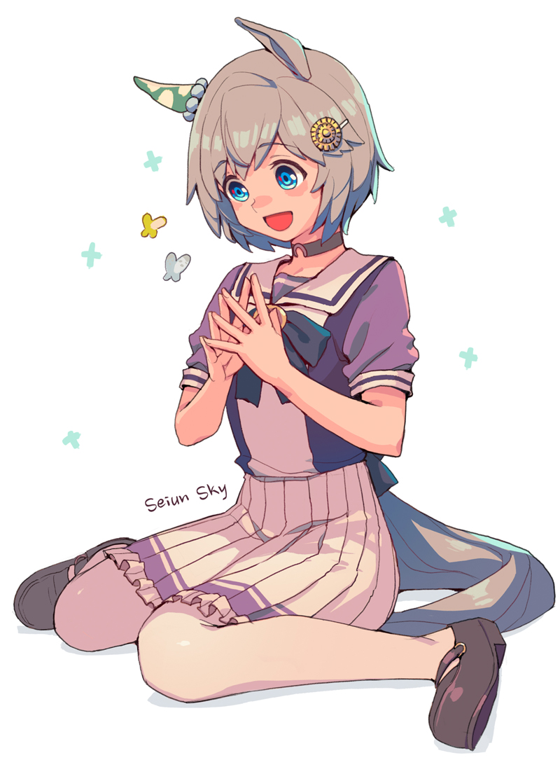 1girl, animal_ears, bug, butterfly, character_name, choker, fingers_together, hair_ornament