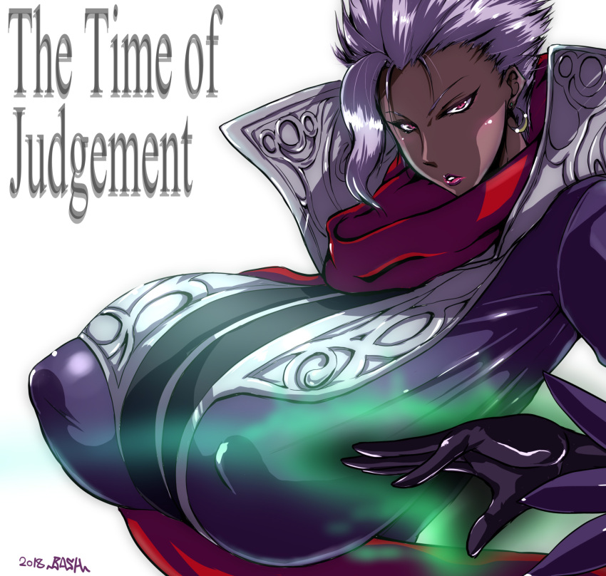 1girl, bash-inc, belt, breasts, dark_skin, dress, earrings, gloves