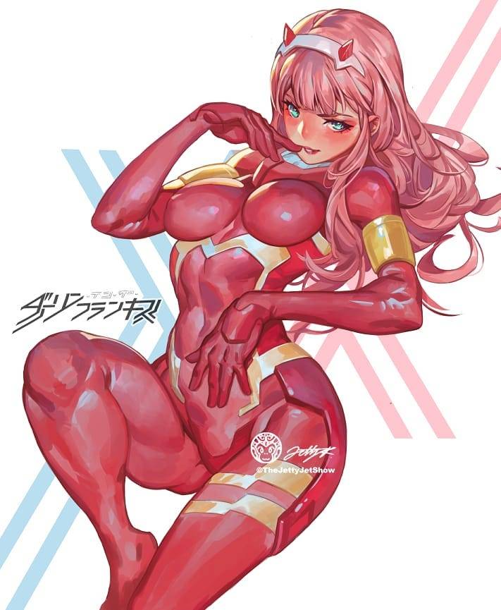 aqua_eyes, bodysuit, breasts, commentary, darling_in_the_franxx, eyeshadow, finger_in_mouth, flush