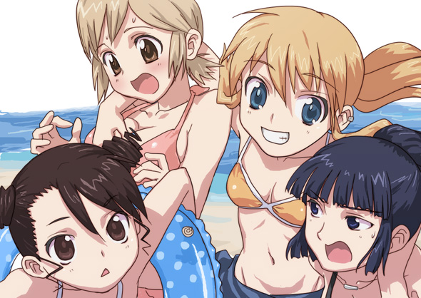 4girls, beach, bikini, blonde_hair, blue_eyes, blue_hair, blush, breast_grab