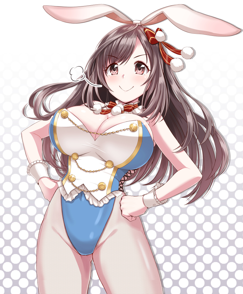 1girl, animal_ears, bangs, bare_shoulders, blue_leotard, blush, bow, breasts