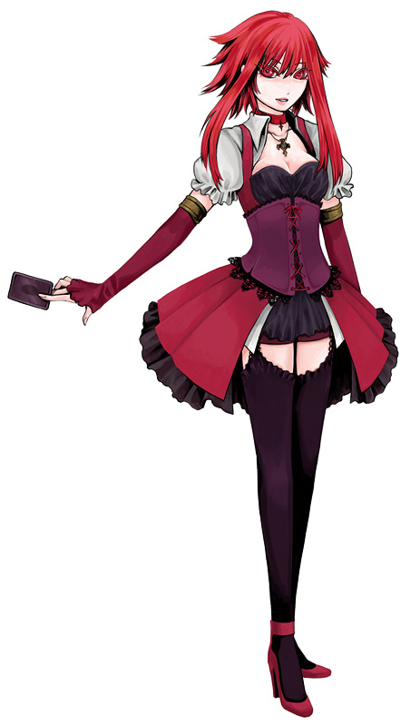 card, cards, choker, corset, cross, dress, elbow_gloves, frills, garter_belt, gloves, gothic, high_heels, holding, holding_card, izayoi_aki, kiyoshi_hana, lace, lolita_fashion, red_eyes, red_hair, redhead, shoes, short_hair, skirt, thigh-highs, thighhighs, yu-gi-oh!, yugioh_5d's, yuu-gi-ou, yuu-gi-ou_5d's