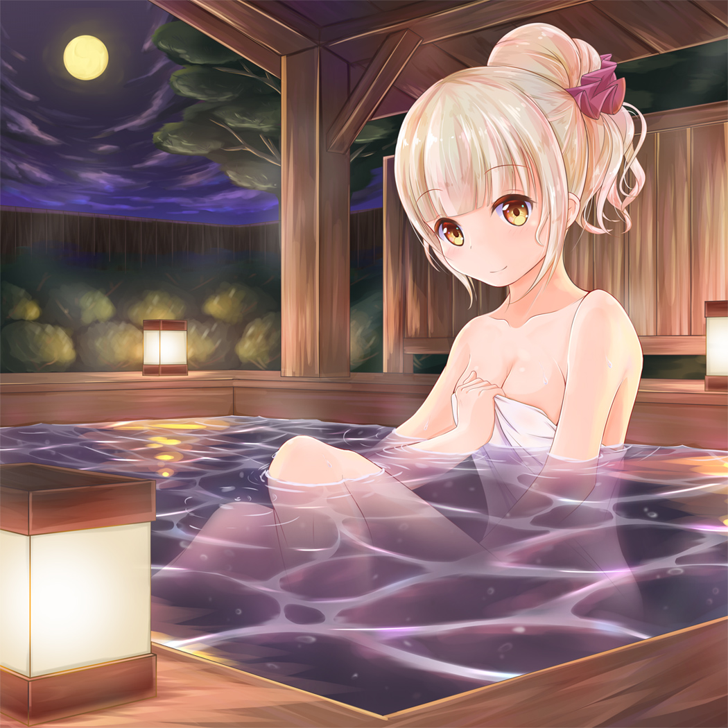 1girl, bangs, bath, bathing, blonde_hair, blunt_bangs, breasts, clouds, collarbone, eyebrows_visible_through_hair, fence, full_moon, hair_ornament, hair_scrunchie, hair_up, head_tilt, holding, holding_towel, lamp, looking_at_viewer, moon, naked_towel, night, night_sky, outdoors, partially_submerged, rouche_(shironeko_project), scrunchie, shironeko_project, sitting, sky, small_breasts, smile, solo, stone_wall, towel, tree, wall, wooden_fence, yellow_eyes, yj_(yujay2837)