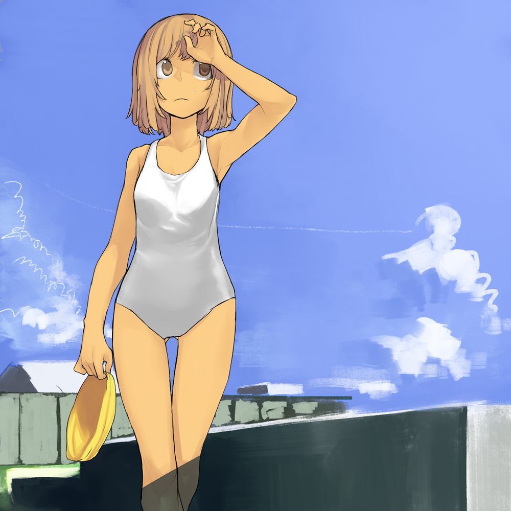 blonde_hair, hama2224, one-piece, one-piece_swimsuit, short_hair, swim_cap, swimcap, swimsuit, white_school_swimsuit, white_swimsuit