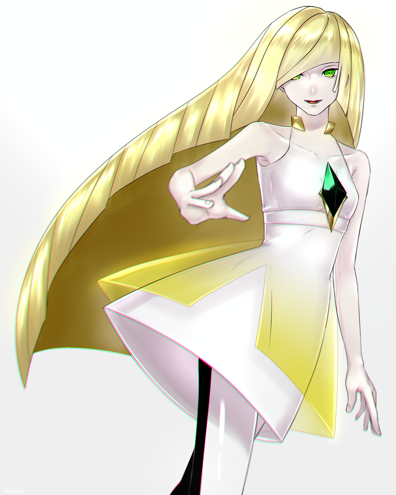 1girl, blonde_hair, dress, green_eyes, long_hair, lusamine_(pokemon), open_mouth, pantyhose