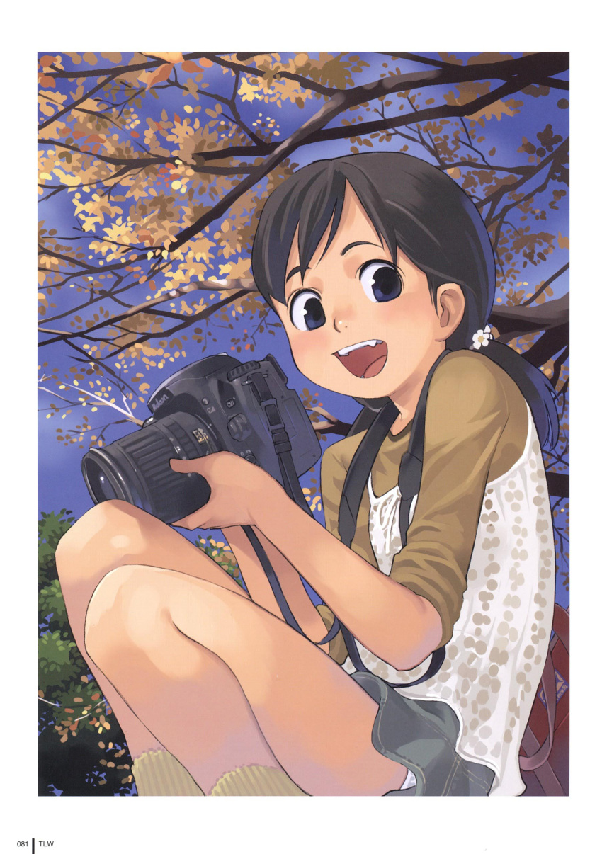 1girl, absurdres, black_hair, blue_eyes, camera, copyright_request, fang, highres