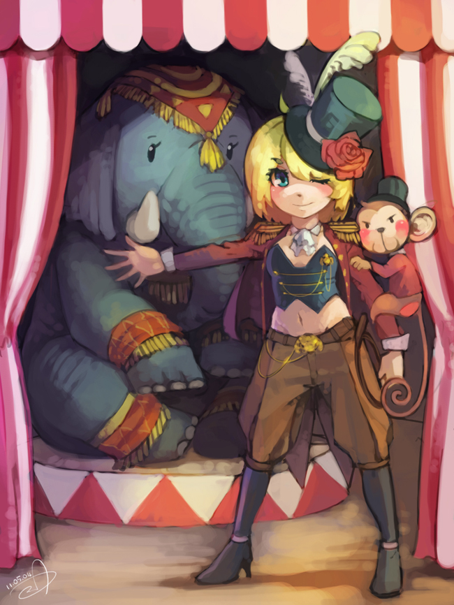 1girl, animal_on_arm, black_footwear, black_vest, blonde_hair, blue_eyes, boots, brown_legwear