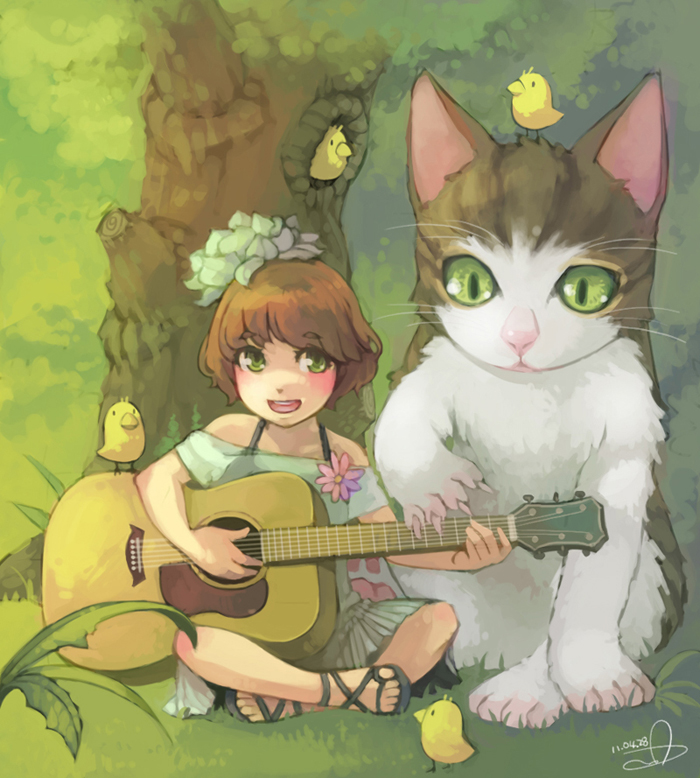 animal, animal_on_head, bangs, bare_shoulders, bird, bird_on_head, brown_hair, cat