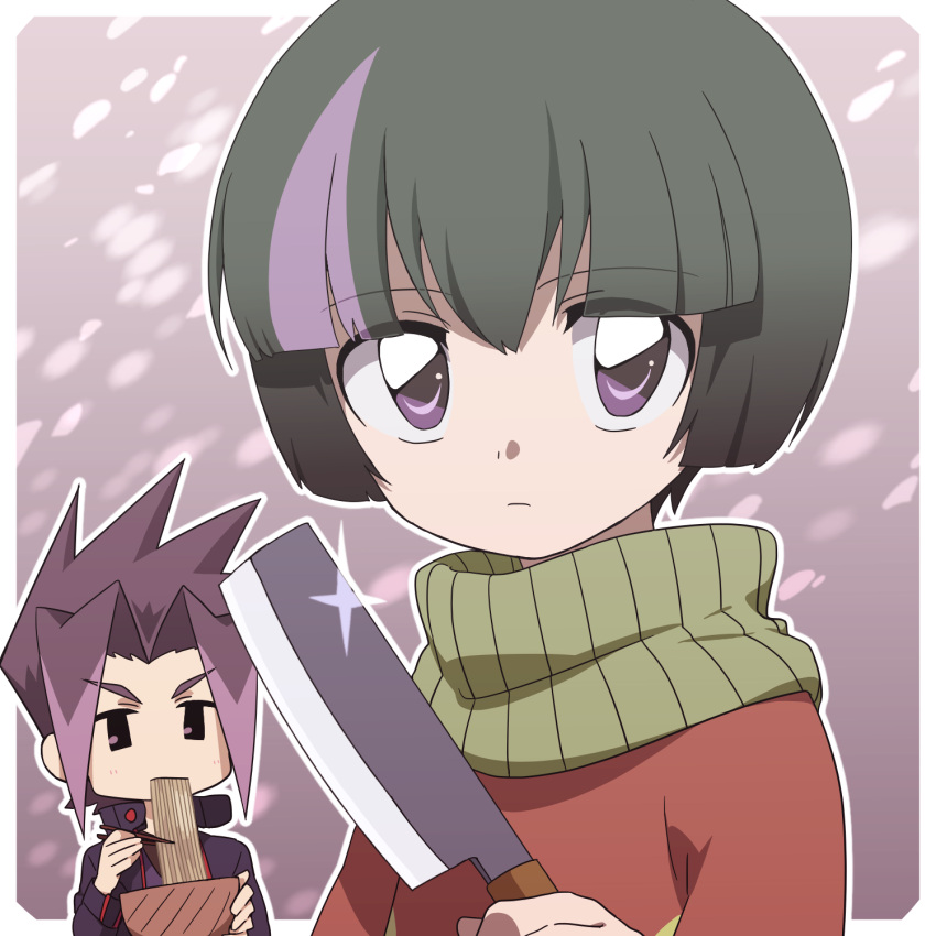 2boys, black_hair, bob_cut, expressionless, highres, himiko_(asobukisetsu), knife, looking_at_viewer