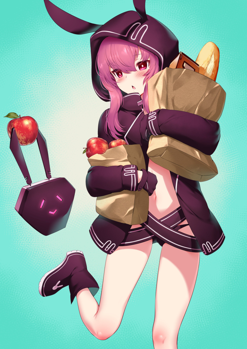 1girl, :o, absurdres, animal_ears, animal_hood, ankle_boots, apple, ass_visible_through_thighs