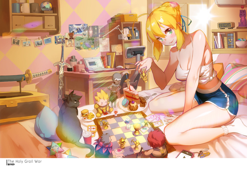 1girl, absurdres, ahoge, alarm_clock, animalization, artoria_pendragon_(all), assassin_(fate/zero), bed, blonde_hair, breasts, card, casual, cat, chair, character_doll, chess_piece, chessboard, cleavage, clock, computer, desk, emiya_kiritsugu, fate/grand_order, fate/stay_night, fate/zero, fate_(series), gilgamesh, grail-kun, green_eyes, hair_bun, hair_ribbon, henry_davis, highres, laptop, lens_flare, light_rays, looking_at_viewer, photo, photo_(object), pillow, playing_card, ribbon, rider_(fate/zero), room, saber, scabbard, sheath, shirt, short_shorts, shorts, sitting, smile, solo, sword, tank_top, tied_shirt, wariza, weapon