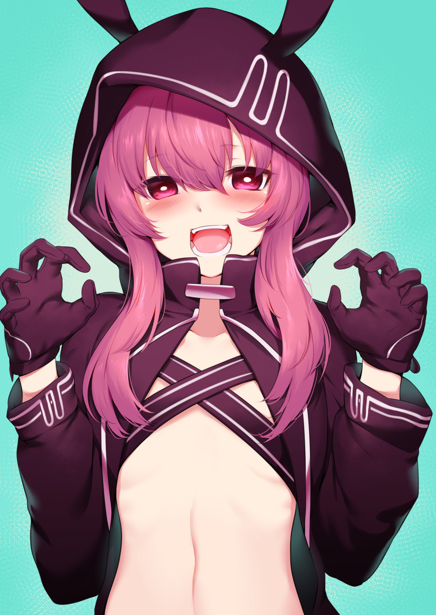 1girl, :d, absurdres, animal_ears, animal_hood, bangs, black_gloves, black_hoodie, black_rock_shooter_(game), blush, bunny_hood, claw_pose, collarbone, eyebrows_visible_through_hair, flat_chest, gloves, green_background, hair_between_eyes, hands_up, highres, hood, hood_up, hooded_jacket, hoodie, jacket, long_hair, long_sleeves, looking_at_viewer, m-da_s-tarou, midriff, nafhe, open_clothes, open_hoodie, open_mouth, pink_eyes, pink_hair, sidelocks, smile, solo, standing, strap, teeth, tongue, upper_body