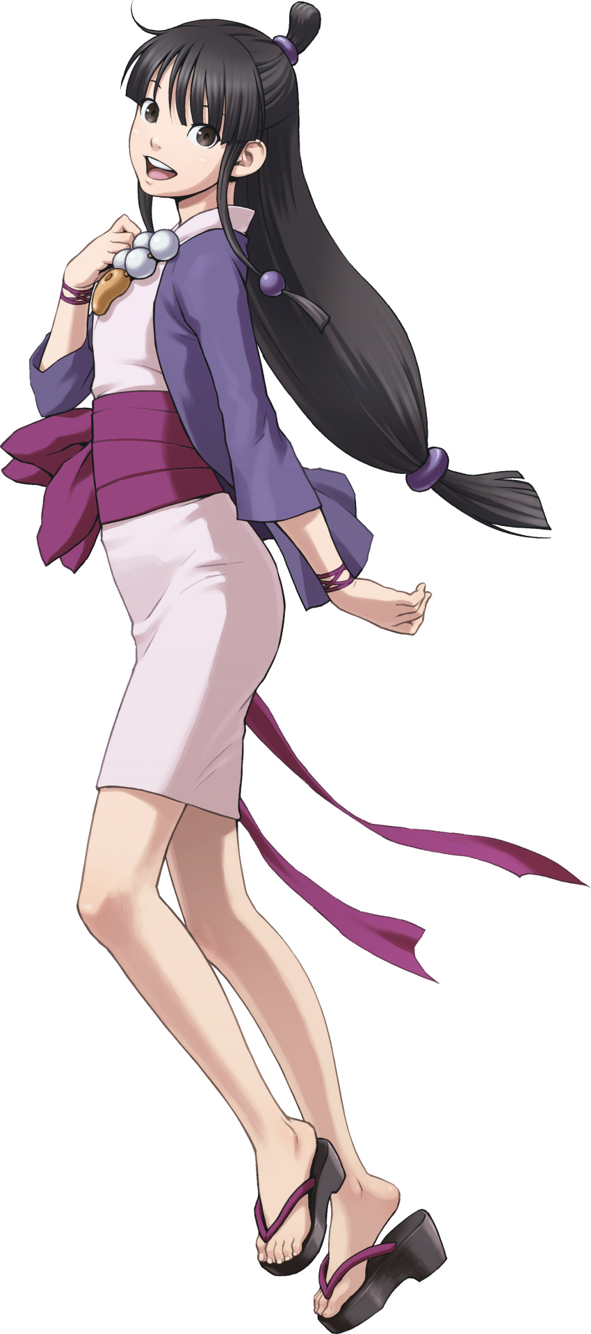 1girl, absurdres, ayasato_mayoi, blonde_hair, brown_eyes, full_body, fuse_takuro, gyakuten_saiban, hand_on_own_chest, highres, long_hair, long_sleeves, looking_at_viewer, magatama, official_art, open_mouth, sandals, sash, skirt, slender, solo, upper_teeth, wristband