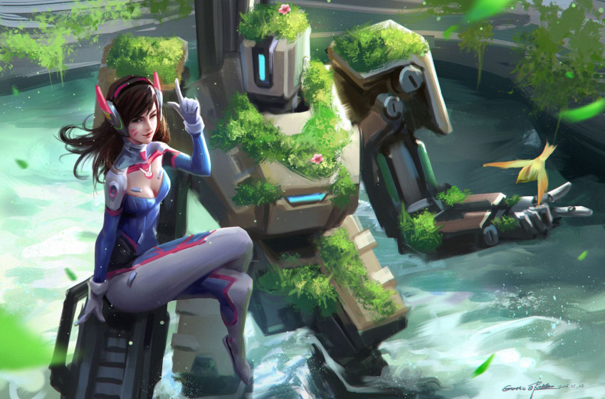 1girl, adapted_costume, alternate_costume, animal, animal_print, artist_name, bangs, bastion_(overwatch)