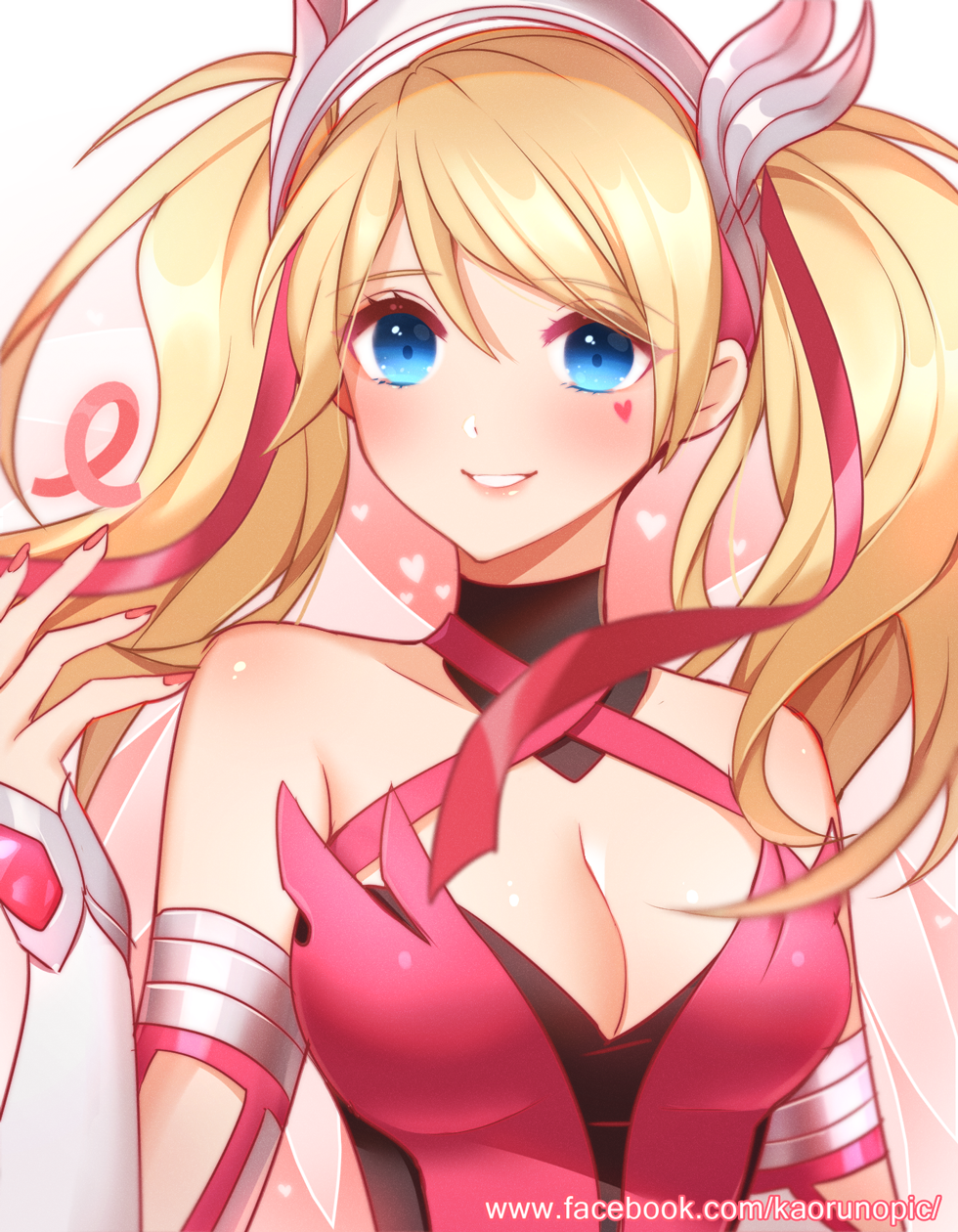 1girl, adapted_costume, alternate_costume, alternate_hairstyle, atobesakunolove, awareness_ribbon, blonde_hair, blue_eyes, breasts, cleavage, dress, elbow_gloves, eyebrows_visible_through_hair, fingerless_gloves, fingernails, gloves, gradient, gradient_background, hair_ribbon, heart, heart_tattoo, highres, long_hair, looking_at_viewer, magical_girl, mechanical_halo, mechanical_wings, medium_breasts, mercy_(overwatch), nail_polish, overwatch, parted_lips, pink_background, pink_dress, pink_gloves, pink_nails, pink_ribbon, pink_wings, ribbon, short_twintails, sleeveless, sleeveless_dress, smile, solo, tattoo, taut_clothes, taut_dress, twintails, upper_body, watermark, web_address, white_background, wings