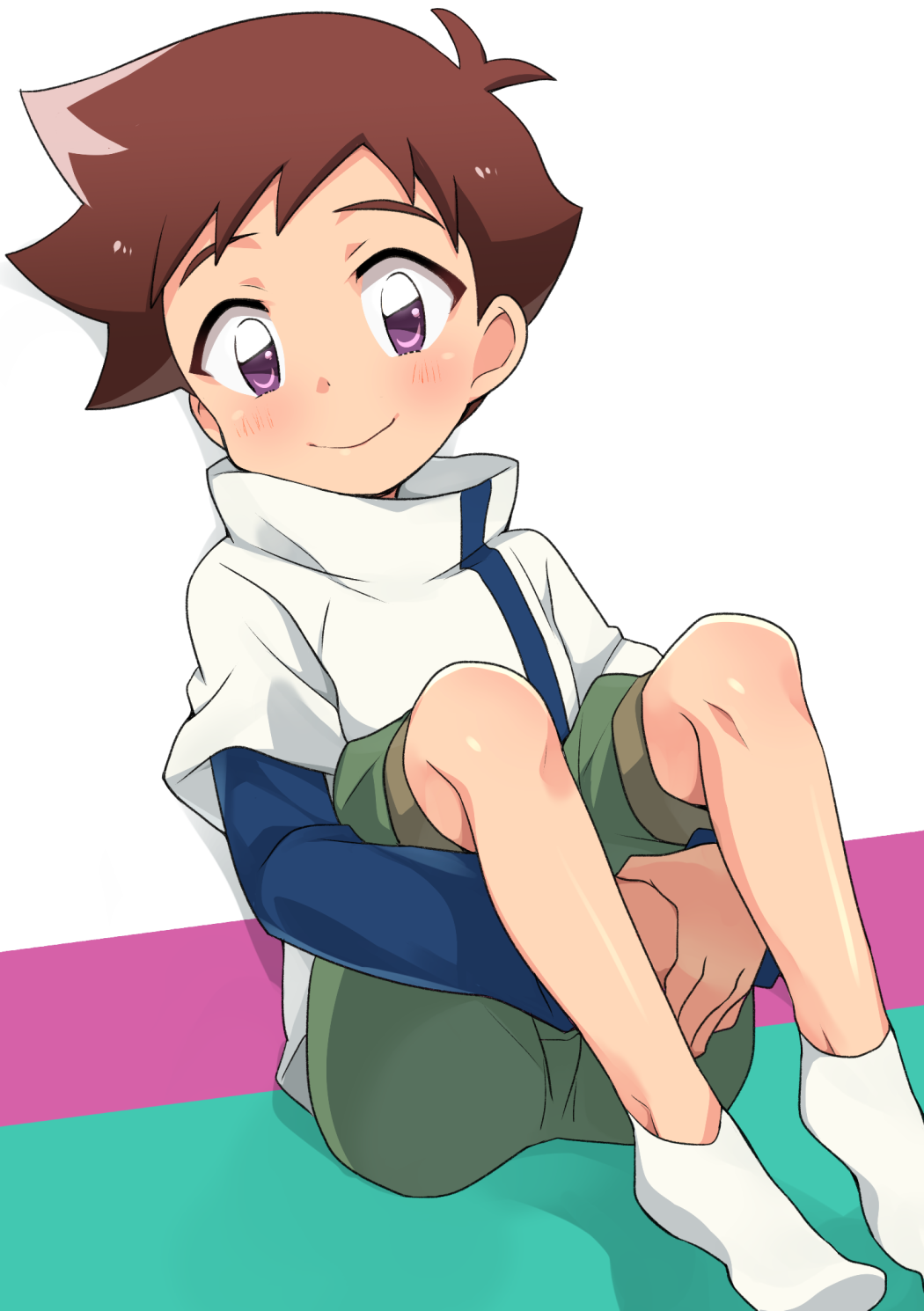 1boy, blush, brown_eyes, brown_hair, chokutsuu_(menino), closed_mouth, hayasugi_hayato, highres, looking_at_viewer, male_focus, shinkansen_henkei_robo_shinkalion, shorts, sitting, smile, solo, spiky_hair