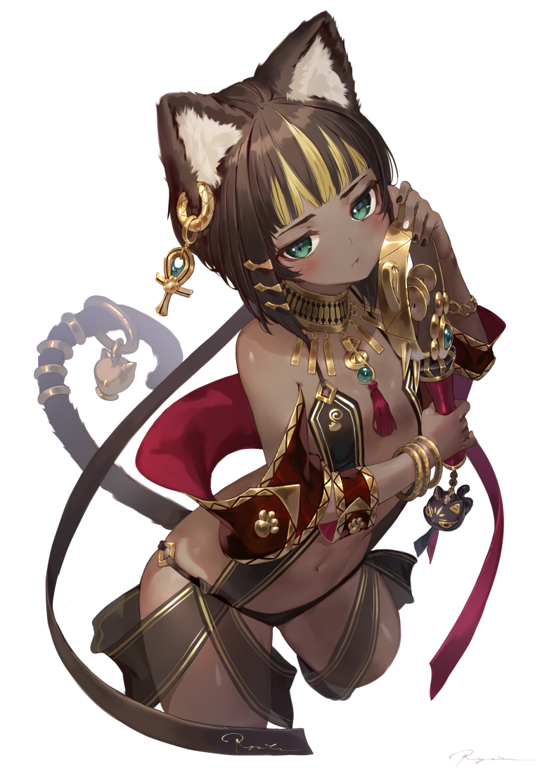 1girl, animal_ears, ankh, arched_back, bangs, bare_shoulders, bastet, black_hair