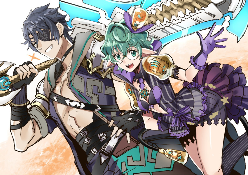 1girl, armor, breasts, closed_eyes, curly_hair, eyepatch, fingerless_gloves, glasses