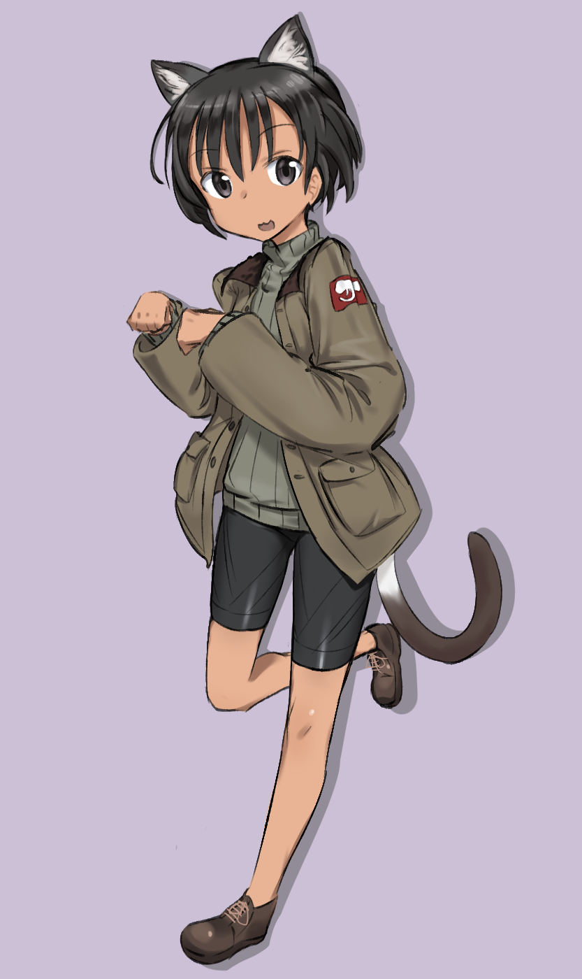 1girl, :d, animal_ears, bangs, bike_shorts, black_eyes, black_hair, brown_jacket