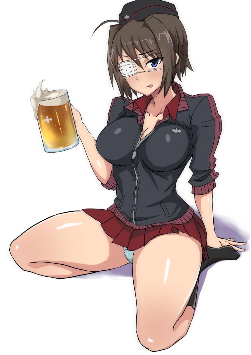1girl, :p, alcohol, arm_support, bangs, beer, beer_mug, black_hat