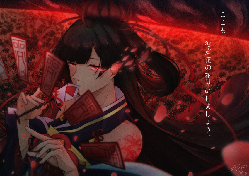 1girl, absurdres, black_hair, dated, dogdogwanwan, flower, hair_flower, hair_ornament, hands_up, higanbana_(onmyoji), highres, long_hair, looking_at_viewer, ofuda, onmyoji, petals, red_background, red_eyes, solo, spider_lily, tattoo, translation_request, upper_body