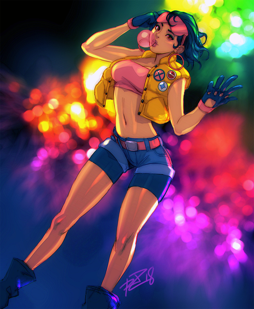 1girl, black_gloves, black_hair, breasts, bubble_blowing, chewing_gum, earrings, eyewear_on_head