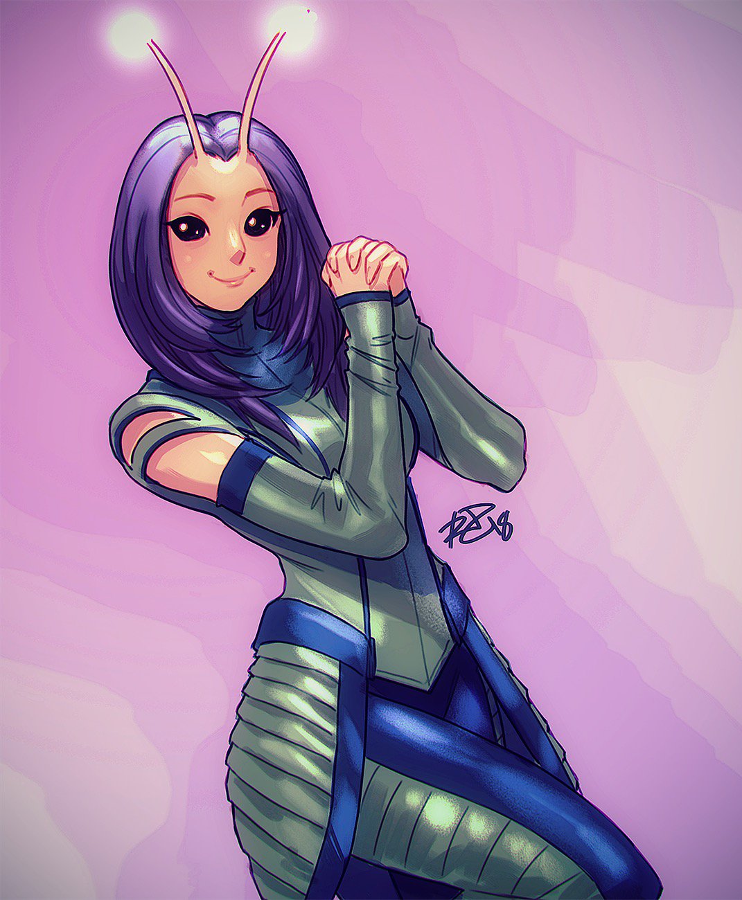 1girl, antennae, black_eyes, breasts, detached_sleeves, guardians_of_the_galaxy, hands_together, highres, interlocked_fingers, mantis_(marvel), marvel, medium_breasts, purple_hair, robert_porter, signature, sleeves_past_wrists, smile, solo