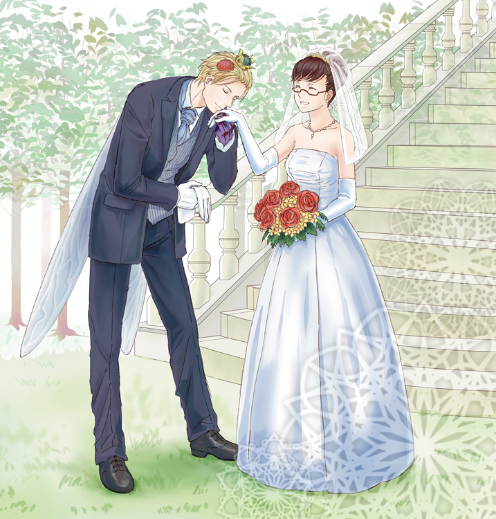 1boy, 1girl, alternate_form, beelzebub_(azazel-san), black_footwear, blonde_hair, bouquet, bridal_gauntlets, brown_hair, closed_eyes, crown, demon, dress, error, flower, formal, glasses, gloves, gloves_removed, grass, grey_vest, hair_ornament, hand_kiss, hetero, holding, holding_bouquet, jewelry, kiss, necklace, necktie, outdoors, pink-framed_eyewear, purple_skin, sakuma_rinko, shoes, short_hair, stairs, standing, striped_vest, suit, veil, vest, wedding_dress, white_gloves, wings, yamagirik, yondemasu_yo_azazel-san.