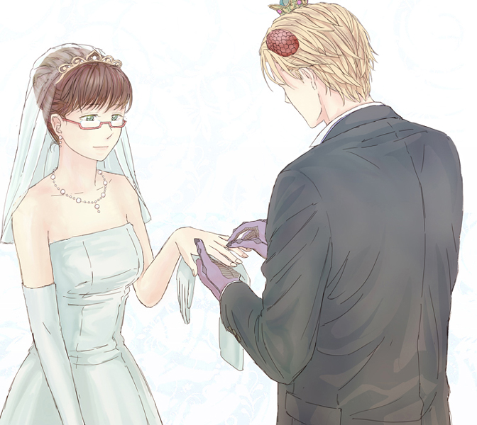 1boy, 1girl, alternate_form, arm_at_side, bare_shoulders, beelzebub_(azazel-san), blonde_hair, bridal_gauntlets