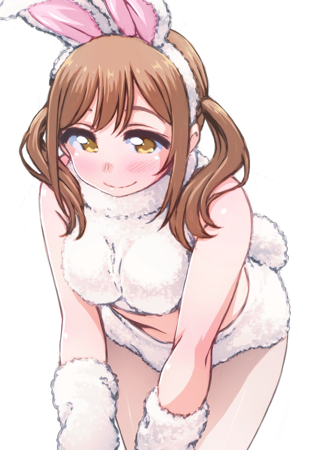 1girl, alternate_hairstyle, animal_costume, animal_ears, arm_warmers, ayumu-k, bangs, breasts