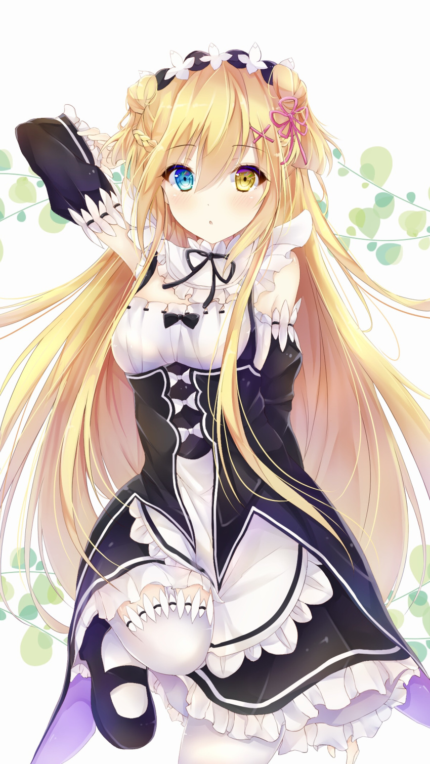 1girl, apron, arm_up, bangs, between_legs, black_footwear, black_ribbon, blonde_hair, blue_eyes, character_request, cosplay, detached_sleeves, eyebrows_visible_through_hair, floating_hair, hair_between_eyes, hair_ribbon, hand_between_legs, head_wreath, heterochromia, highres, kckckc0_0, long_hair, mary_janes, neck_ribbon, one_leg_raised, phantasy_star, phantasy_star_online_2, pink_ribbon, rem_(re:zero), rem_(re:zero)_(cosplay), ribbon, ribbon-trimmed_legwear, ribbon-trimmed_sleeves, ribbon_trim, shoes, solo, standing, standing_on_one_leg, swept_bangs, thigh-highs, very_long_hair, white_apron, white_background, white_legwear, yellow_eyes